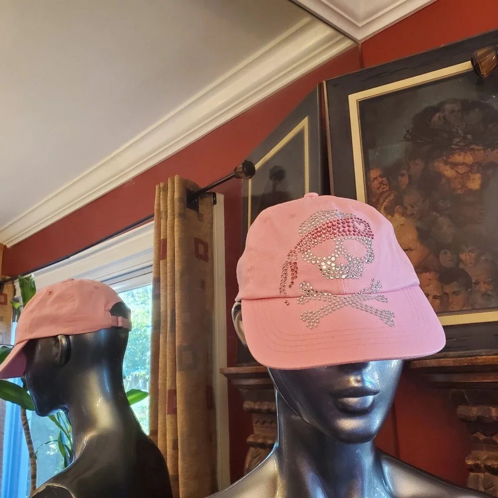 Lot Of 2 Caps Harley Davidson Hot Pink Flame Cap, Rhinestone Skull Cap Both NWOT